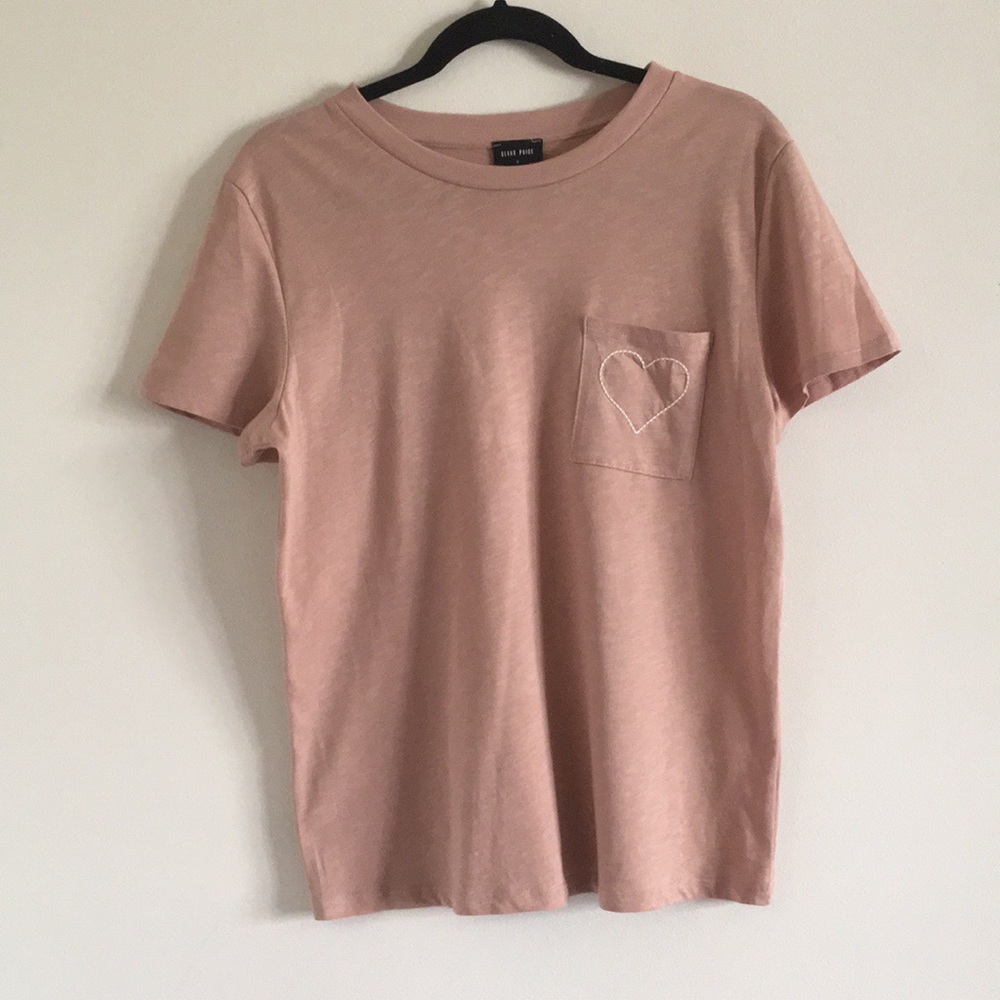 BELOVED - Dusty Pink Heart Embroidered With A Front Pocket Casual T-Shirt Tee - Picture 7 of 7